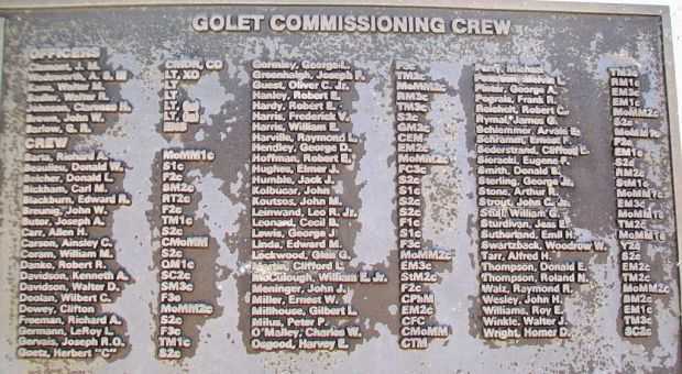U.S.S. GOLET (SS361 WAR MEMORIAL CREW PLAQUE