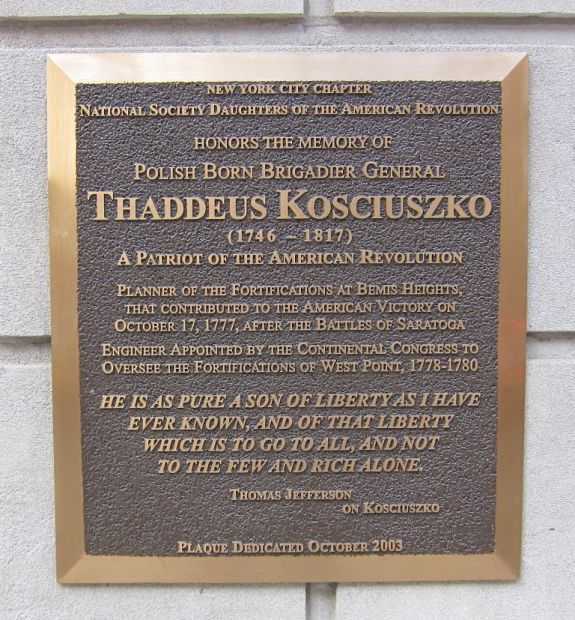 BRIGADIER GENERAL THADDEUS KOSCIUSZKO WAR MEMORIAL PLAQUE