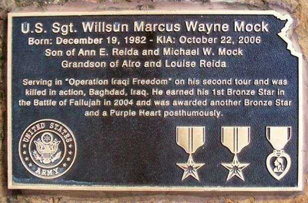 U.S. SGT. WILLSUN MARCUS WAYNE MOCK MEMORIAL PLAQUE