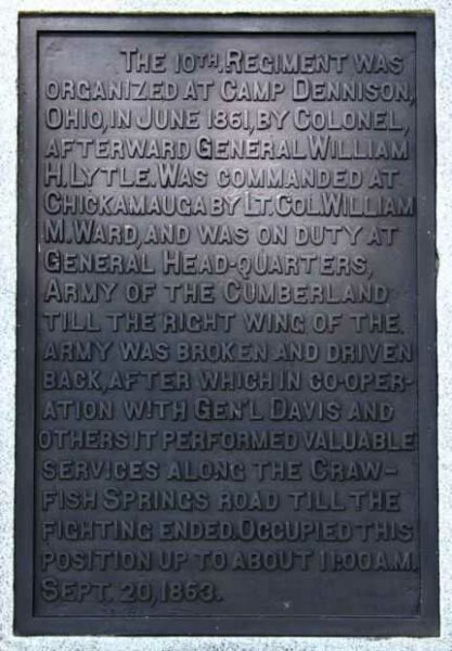 10TH OHIO INFANTRY, GENERAL HEAD-QUARTERS WAR MEMORIAL PLAQUE