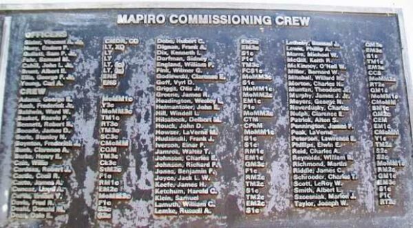 U.S.S. MAPIRO (SS376) WAR MEMORIAL CREW PLAQUE