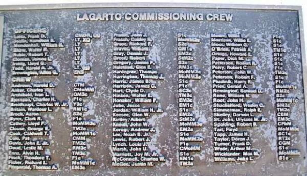 U.S.S. LAGARTO (SS371) WAR MEMORIAL CREW PLAQUE