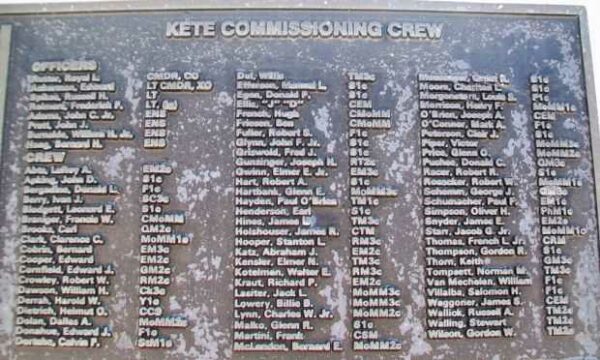 U.S.S. KETE (SS369) WAR MEMORIAL CREW PLAQUE