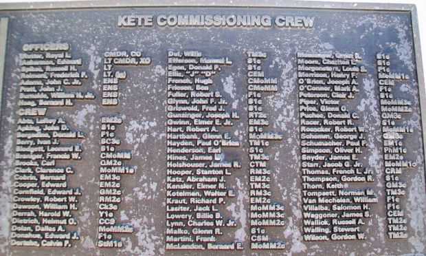 U.S.S. KETE (SS369) WAR MEMORIAL CREW PLAQUE