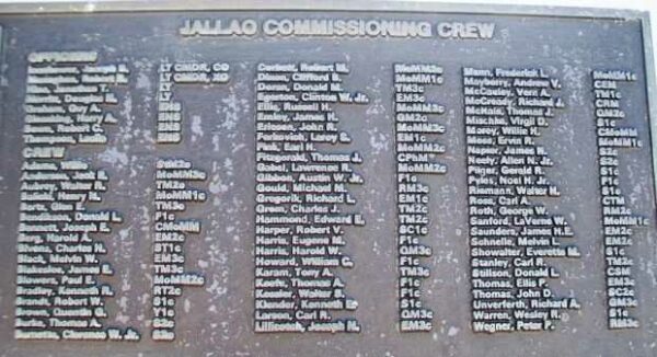 U.S.S. JALLAO (SS368) WAR MEMORIAL CREW PLAQUE