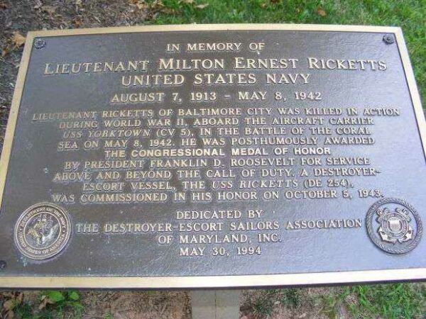 LT. MILTON ERNEST RICKETTS MEDAL OF HONOR MEMORIAL PLAQUE