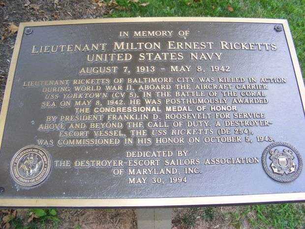 LT. MILTON ERNEST RICKETTS MEDAL OF HONOR MEMORIAL PLAQUE