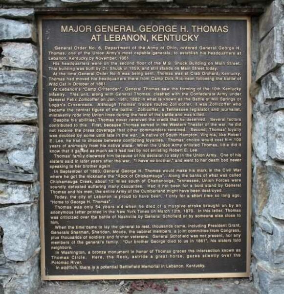 MAJOR GENERAL GEORGE H. THOMAS AT LEBANON, KENTUCKY MEMORIAL PLAQUE