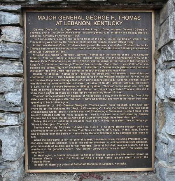 MAJOR GENERAL GEORGE H. THOMAS AT LEBANON, KENTUCKY MEMORIAL PLAQUE