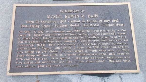 M/SGT. EDWIN V. BAIN WAR MEMORIAL PLAQUE A