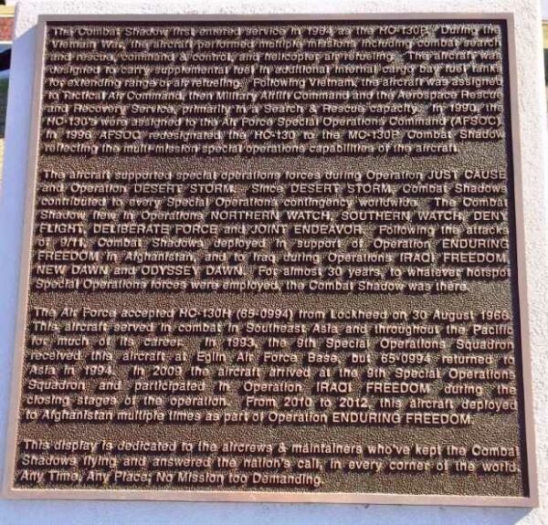 MC-130P COMBAT SHADOW MEMORIAL AIRCRAFT PLAQUE