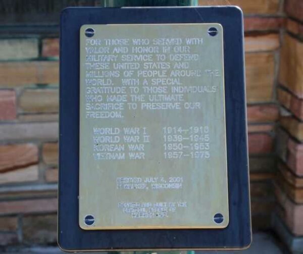VILLAGE AND TOWNSHIP OF PEWAUKEE WAR VETERANS MEMORIAL FLAGPOLE PLAQUE
