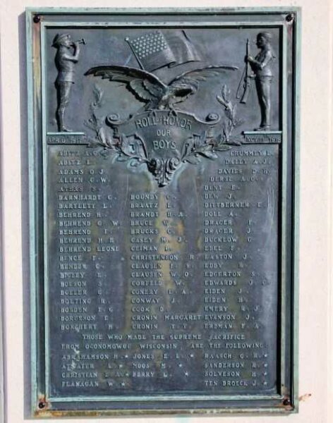 OCONOMOWOC OUR BOYS WORLD WAR I MEMORIAL PLAQUE A