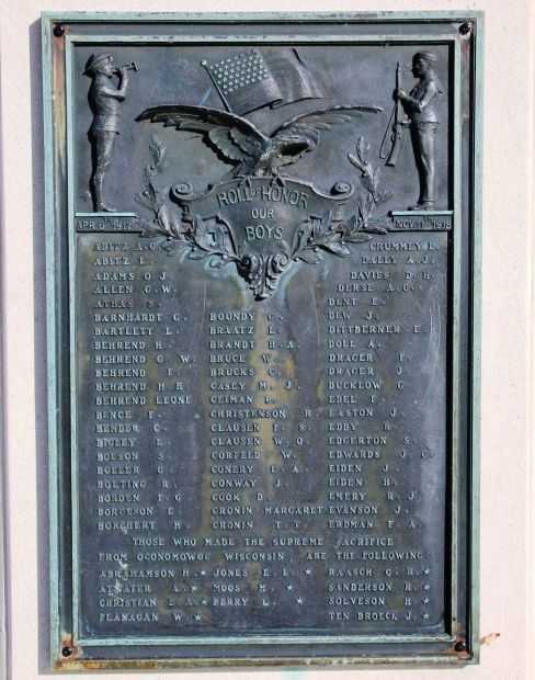 OCONOMOWOC OUR BOYS WORLD WAR I MEMORIAL PLAQUE A