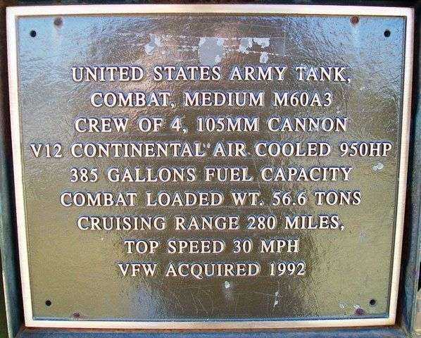 M60A3 MEDIUM U.S. ARMY TANK WAR MEMORIAL PLAQUE
