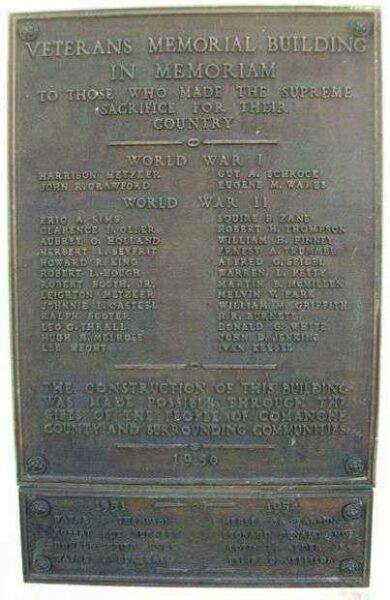 CITY OF COLDWATER VETERANS MEMORIAL BUILDING PLAQUE