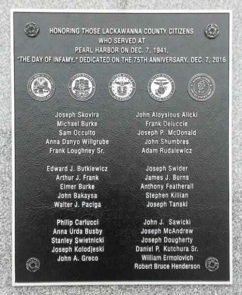 LACKAWANA COUNTY PEARL HARBOR MEMORIAL PLAQUE