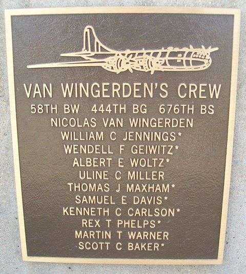 “VAM WINGERDEN’S CREW” B-29 WAR MEMORIAL PLAQUE