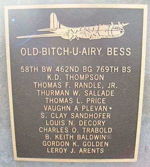 “OLD-BITCH-U-AIRY BESS” B-29 WAR MEMORIAL PLAQUE