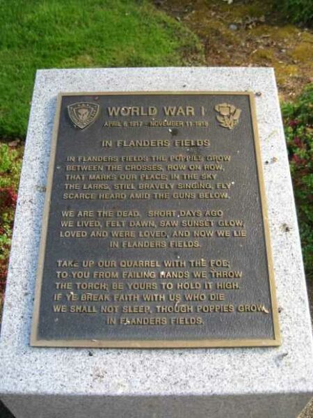 WORLD WAR I IN FLANDERS FIELDS MEMORIAL PLAQUE