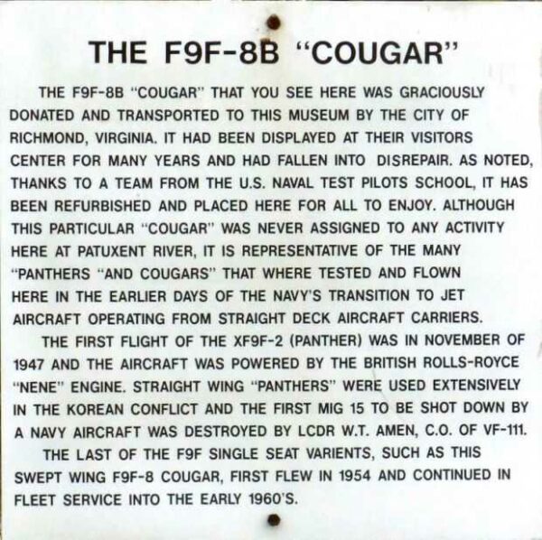 THE F9F-8B  “COUGAR” MEMORIAL AIRCRAFT PLAQUE A