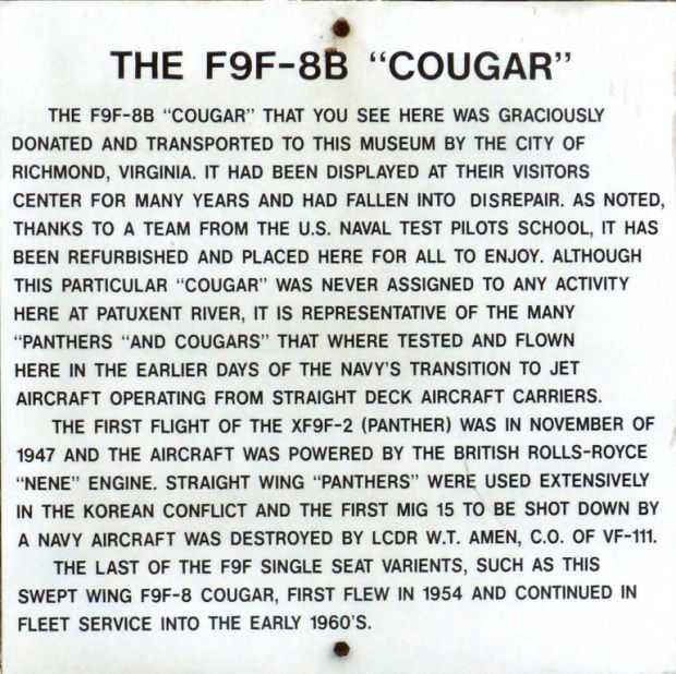 THE F9F-8B  “COUGAR” MEMORIAL AIRCRAFT PLAQUE A