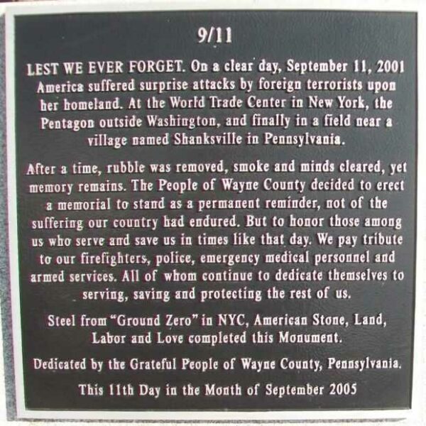 WAYNE COUNTY 9/11 MEMORIAL PLAQUE