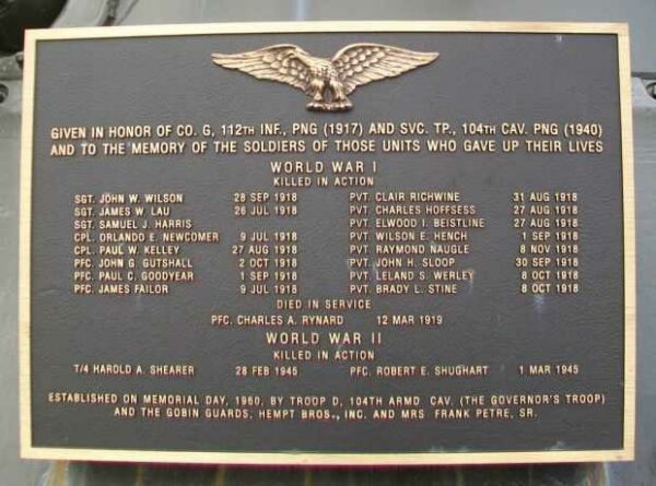 CO. G, 112TH INFANTRY WAR MEMORIAL PLAQUE
