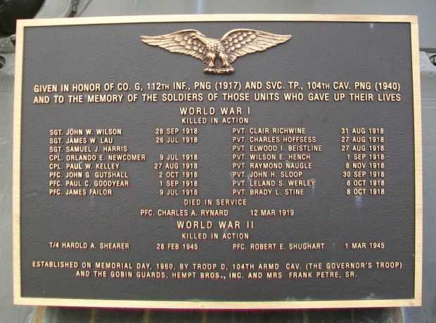 CO. G, 112TH INFANTRY WAR MEMORIAL PLAQUE