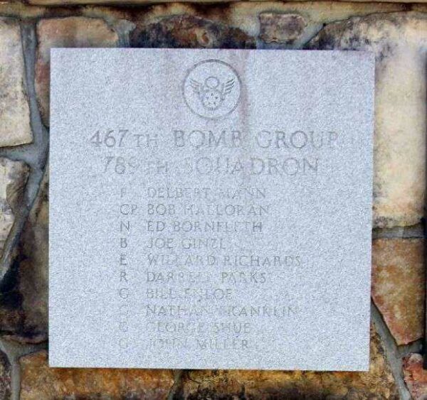 PILOT DELBERT MANN AND CREW B-24 WAR MEMORIAL PLAQUE