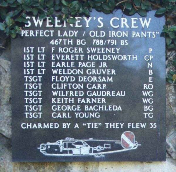 “SWEENEY’S CREW” B-24 WAR MEMORIAL PLAQUE