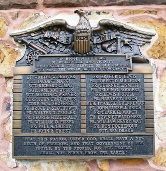 “IN HONOR OF THE BOYS OF WELLSVILLE AND VICINITY” WORLD WAR I MEMORIAL PLAQUE