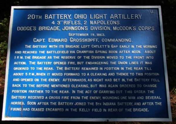 20TH BATTERY, OHIO LIGHT ARTILLERY WAR MEMORIAL PLAQUE
