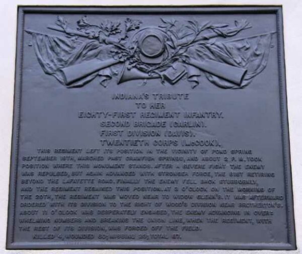 INDIANA’S EIGHTY-FIRST REGIMENT INFANTRY WAR MEMORIAL PLAQUE
