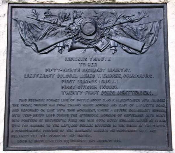 INDIANA’S FIFTY-EIGHT REGIMENT INFANTRY WAR MEMORIAL PLAQUE