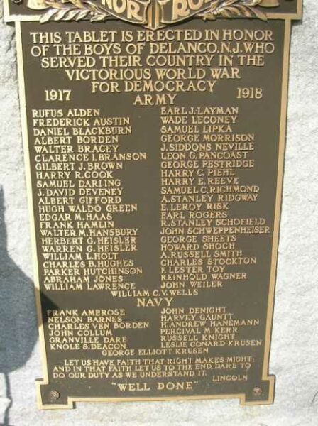 DELANCO WORLD WAR I HONOR ROLL MEMORIAL