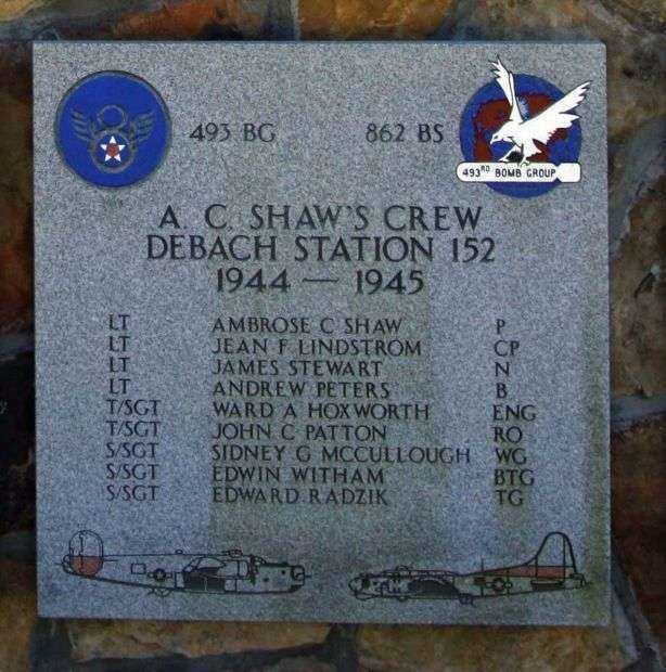 “A.C. SHAW’S CREW” B-17 AND B-24 WAR MEMORIAL PLAQUE