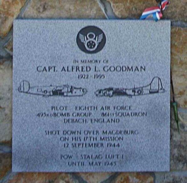 IN MEMORY OF CAPT. ALFRED L. GOODMAN B-17 AND B-24 WAR MEMORIAL PLAQUE