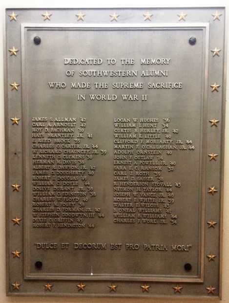 SOUTHWESTERN ALUMNI WORLD WAR II MEMORIAL PLAQUE