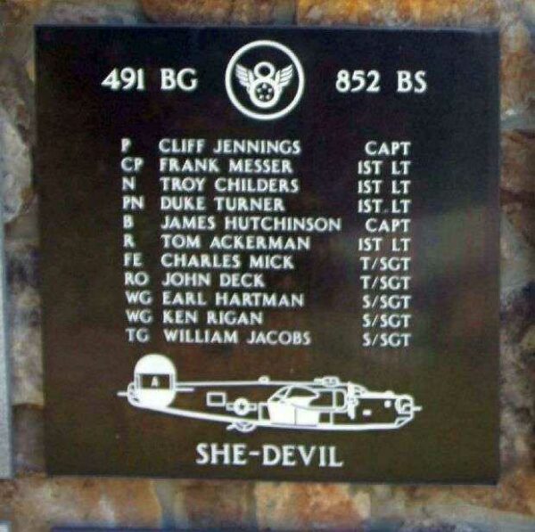 “SHE-DEVIL” B-24 WAR MEMORIAL PLAQUE