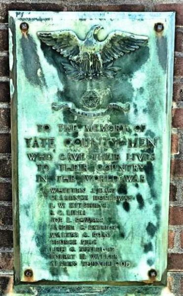 TATE COUNTY WORLD WAR MEMORIAL PLAQUE