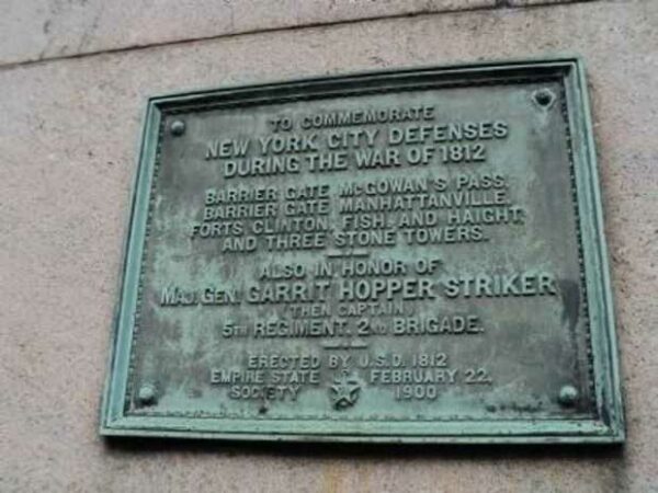 NEW YORK CITY DEFENSES DURING THE WAR OF 1812 MEMORIAL PLAQUE