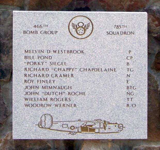 MELVIN D. WESTBROOK PILOT B-24 WAR MEMORIAL PLAQUE