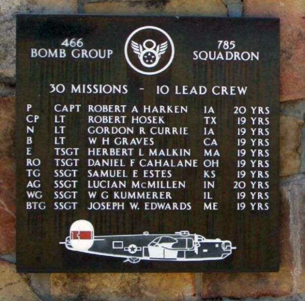 466 BOMB GROUP 785 SQUADRON WAR MEMORIAL PLAQUE