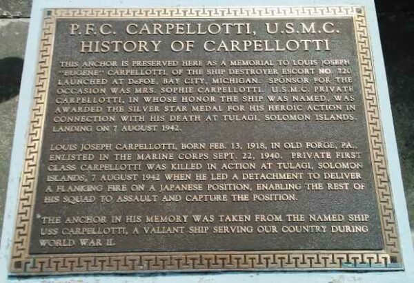 P.F.C. CARPELLOTTI, U.S.M.C. WAR MEMORIAL ANCHOR PLAQUE