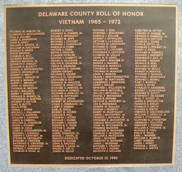 DELAWARE COUNTY VIETNAM WAR MEMORIAL PLAQUE