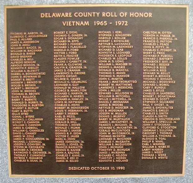 DELAWARE COUNTY VIETNAM WAR MEMORIAL PLAQUE