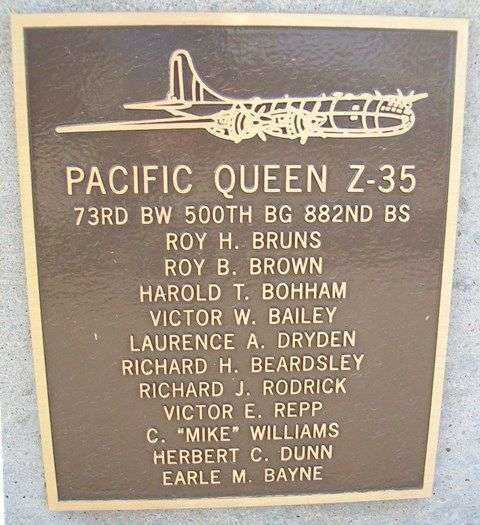 “PACIFIC QUEEN Z-35” B-29 WAR MEMORIAL PLAQUE