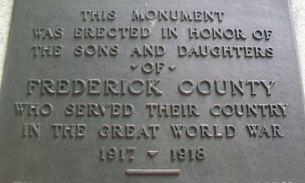 FREDERICK COUNTY GREAT WORLD WAR MEMORIAL PLAQUE