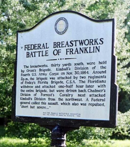 FEDERAL BREASTWORKS BATTLE OF FRANKLIN MEMORIAL MARKER